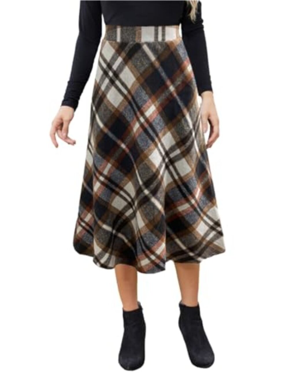Women's Plaid A-Line Midi Skirt High Elastic Waist Flowy Vintage Long Skirt